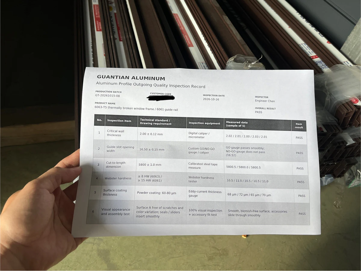 Aluminum profile inspection sheet with recorded measurements and inspection results.