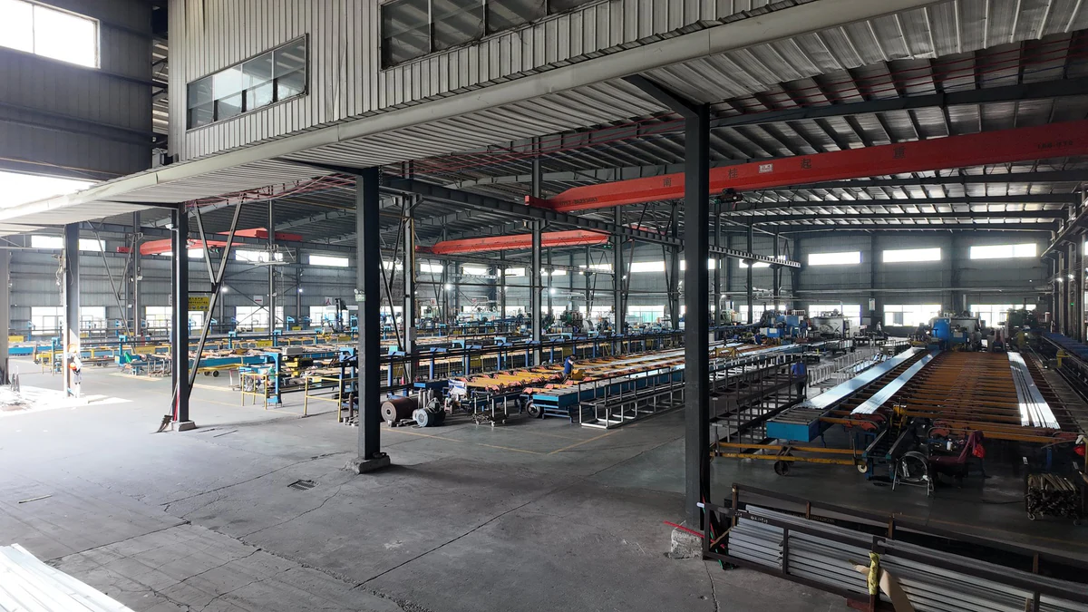 Factory hall with aluminum production lines and storage areas