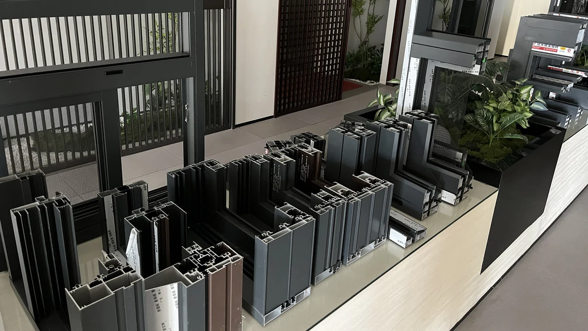 Window profile sections and corner assemblies displayed in the Guantian showroom