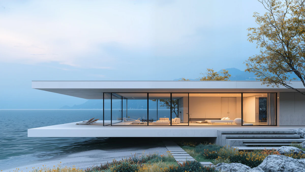 Modernes Wohnhaus am Wasser mit raumhoher Verglasung