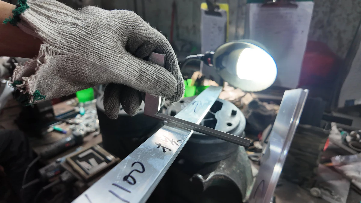 Manual checking of an aluminum profile at the workbench