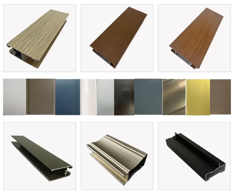Auswahl an Aluminiumprofiloberflächen mit Holzmaserung und in Unifarben