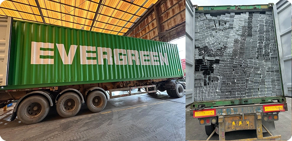 Container-Lkw und in einem Container gestapelte Aluminiumprofile